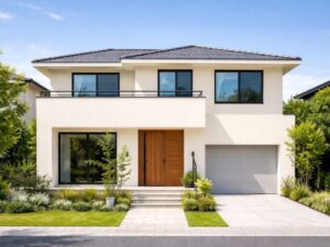 モダンな二階建て住宅(アイボリー仕上げ)